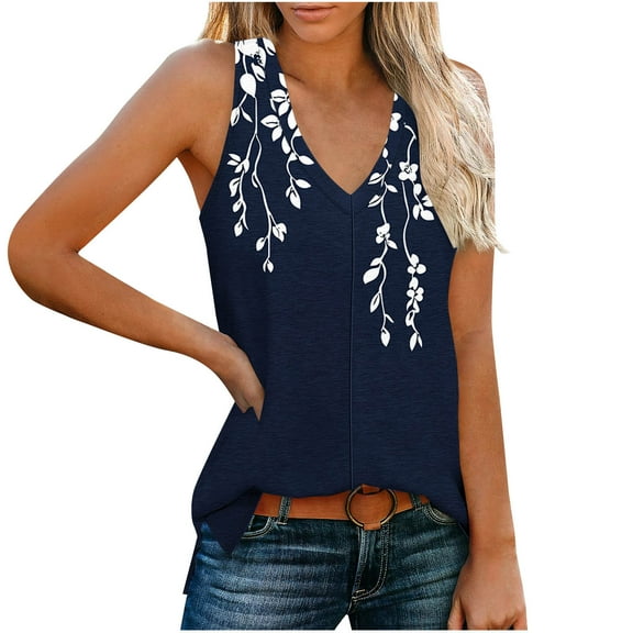 Sleeveless Shirts for Women Summer Casual V Neck Floral Printed Flowy Tank Tops Loose Blouses with Side Split (2XL, Multicolor 5)