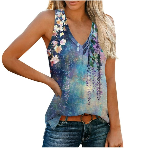 Sleeveless Shirts for Women Summer Casual V Neck Floral Printed Flowy Tank Tops Loose Blouses with Side Split (L, Multicolor 2)