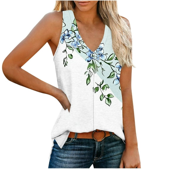 Sleeveless Shirts for Women Summer Casual V Neck Floral Printed Flowy Tank Tops Loose Blouses with Side Split (L, Multicolor 3)