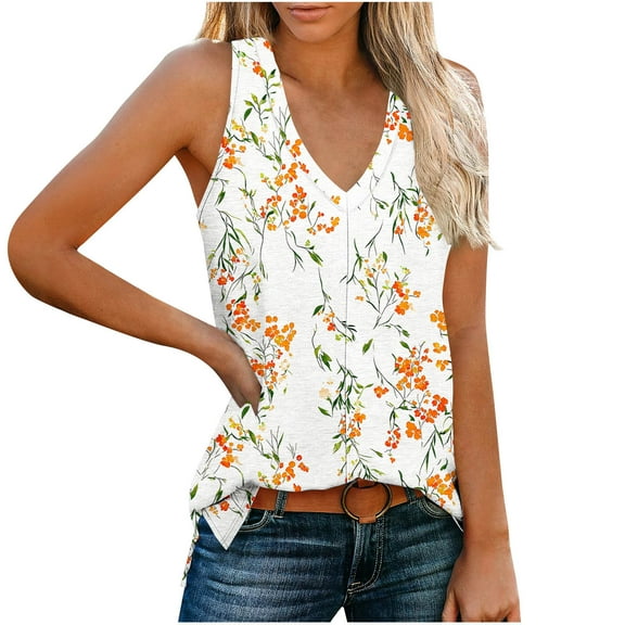 Sleeveless Shirts for Women Summer Casual V Neck Floral Printed Flowy Tank Tops Loose Blouses with Side Split (M, Multicolor 8)