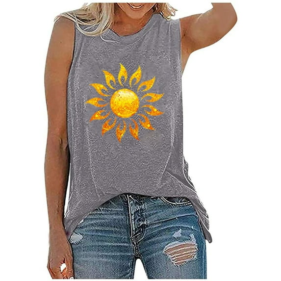 Sleeveless Shirts for Women Summer Printed Sun Pattern Round Neck Pocket Sleeveless Casual Tee Tops(Gray,S)