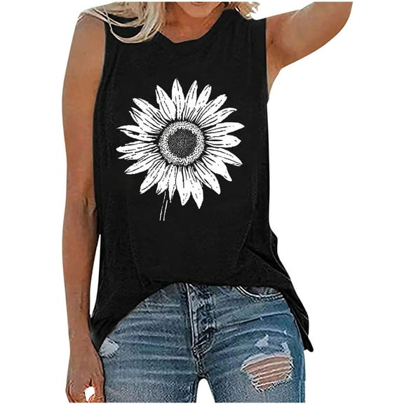 Sleeveless Shirts for Women Sunflower Graphic Round Neck Tank Tops Loose Fit Casual Tunics Shirts