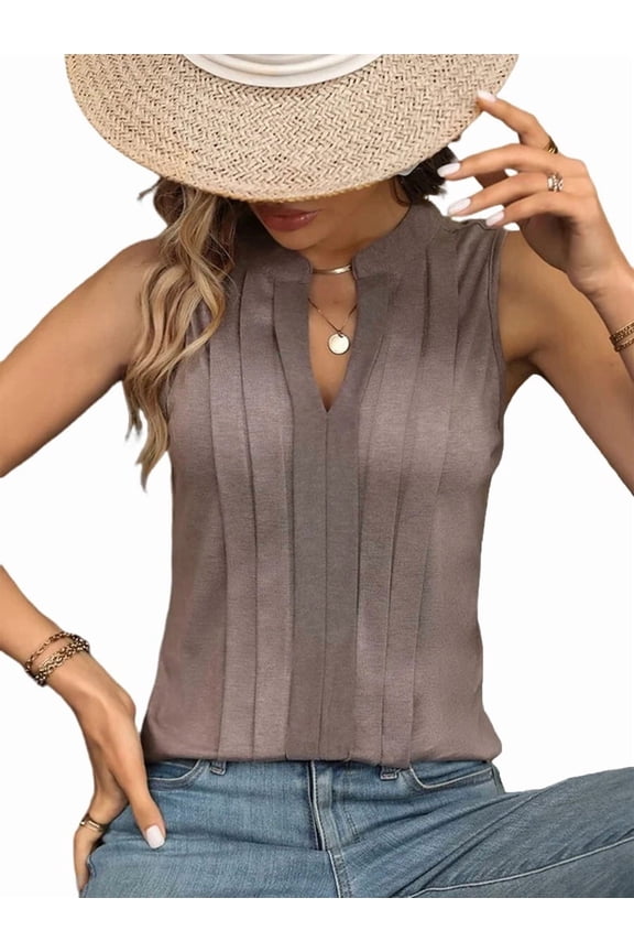 Sleeveless Shirts for Womens Fashion 2025 Basic Tank Tops Pleated Drape Dressy Tops Summer Outfits Camel M