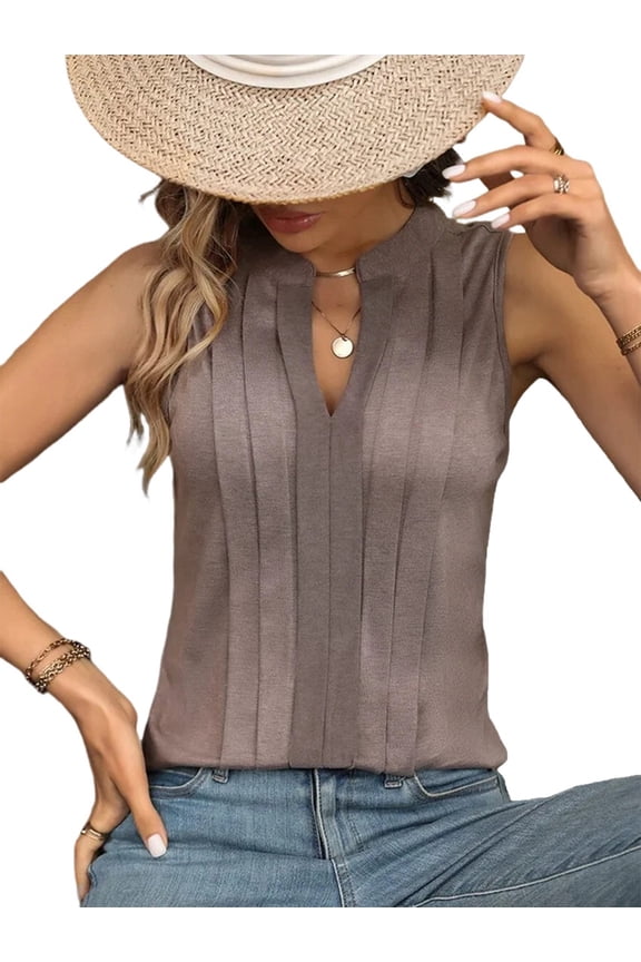 Sleeveless Shirts for Womens Fashion 2025 Basic Tank Tops Pleated Drape Dressy Tops Summer Outfits Camel S