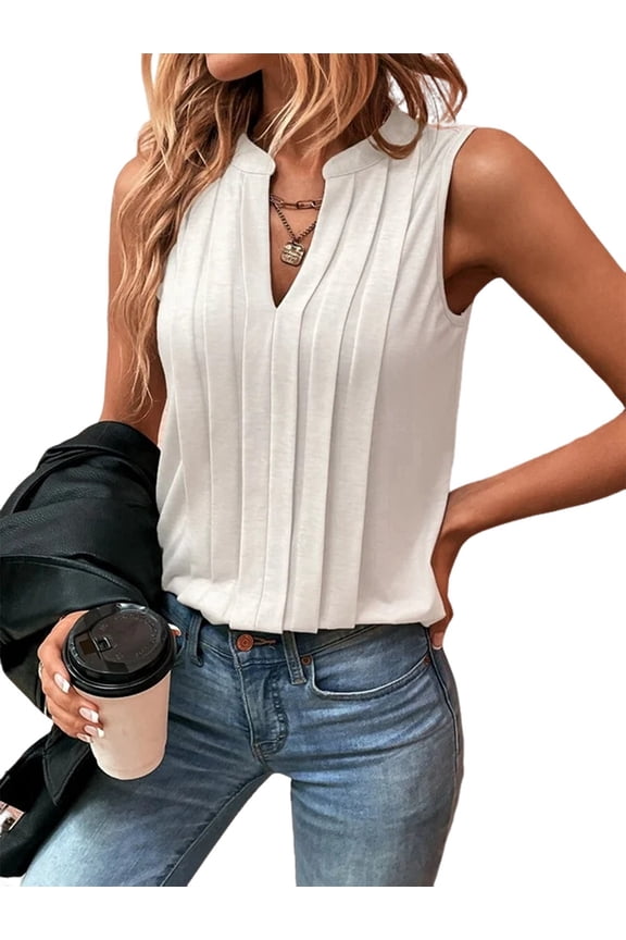 Sleeveless Shirts for Womens Fashion 2025 Basic Tank Tops Pleated Drape Dressy Tops Summer Outfits White M