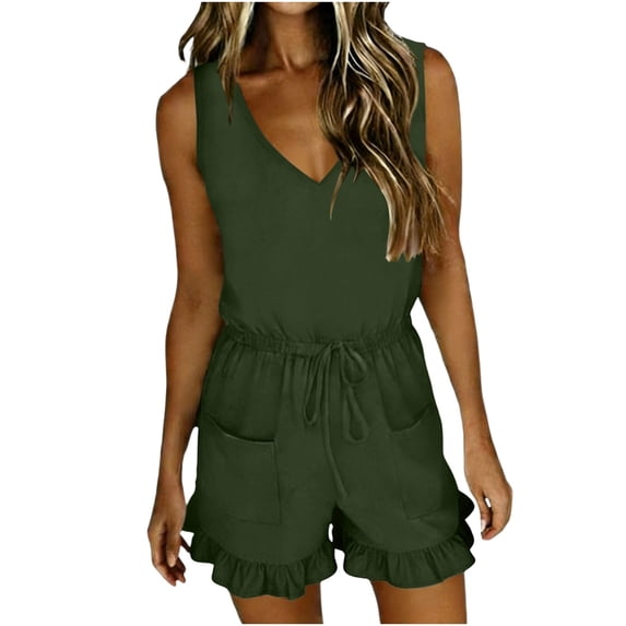 Sleeveless Short Romper for Women Stretchy V‑neck Drawstring Waist Ruffle Hem Summer Casual Jumpsuit Shorts Green XXL
