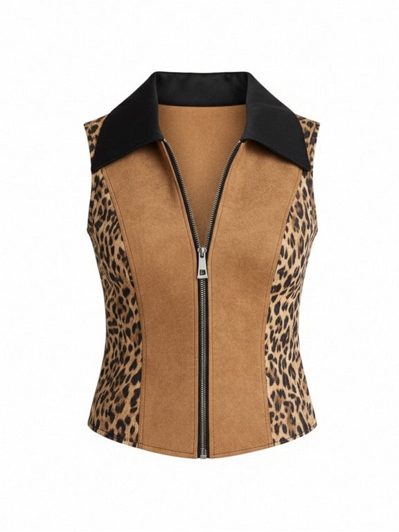 Sleeveless Slim Fit Faux Suede Vest Top Leopard Print Panel Zip Up Casual Streetwear