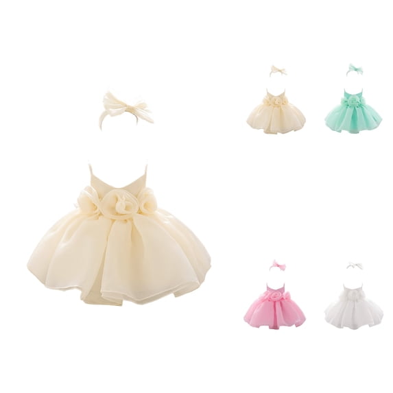 Sleeveless Solid Color Flower Princess Dress with Headband – Baby Girl Tutu Tulle Boho Birthday Party Dress for 0-18 Months
