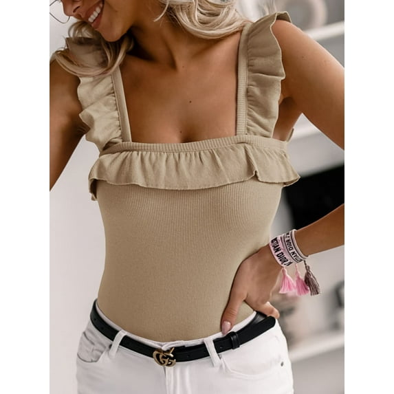 Sleeveless Solid Color Square Neck Ruffle Tank Tops Knitted Camisole