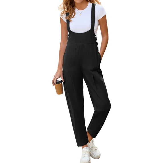 Sleeveless Solid Color Women Casual Barrel Leg Jumpsuit Overall with Pocket