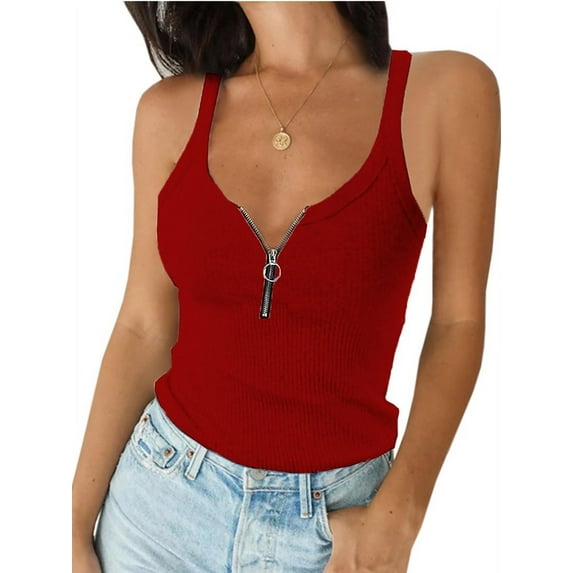 Sleeveless Solid Color Women Slim Zipper Tank Camisole