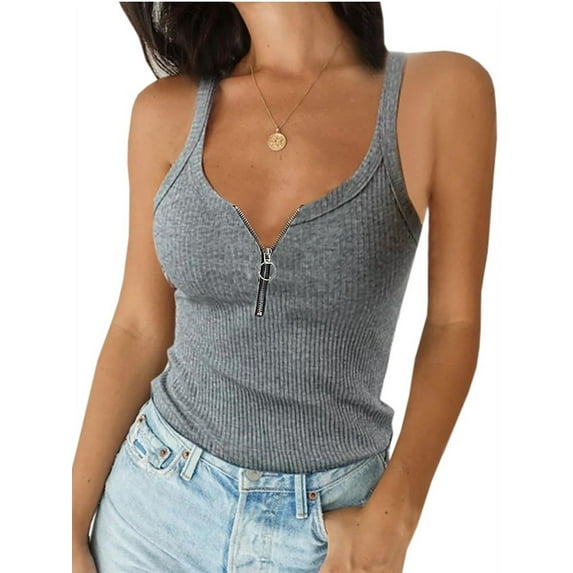 Sleeveless Solid Color Women Slim Zipper Tank Camisole