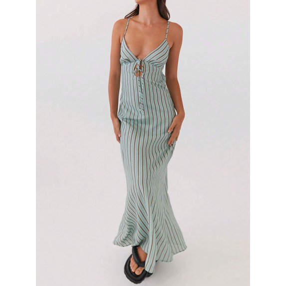 Sleeveless Spaghetti‑Strap Long Dress With Front Tie‑Up and Back Cutout, Loose‑Fit Summer Dress for Women