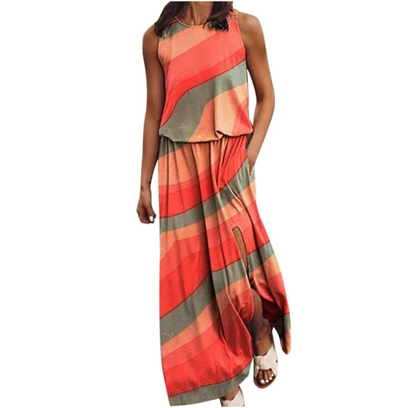 Sleeveless Stitching Printed Suspender Long Dress for Women