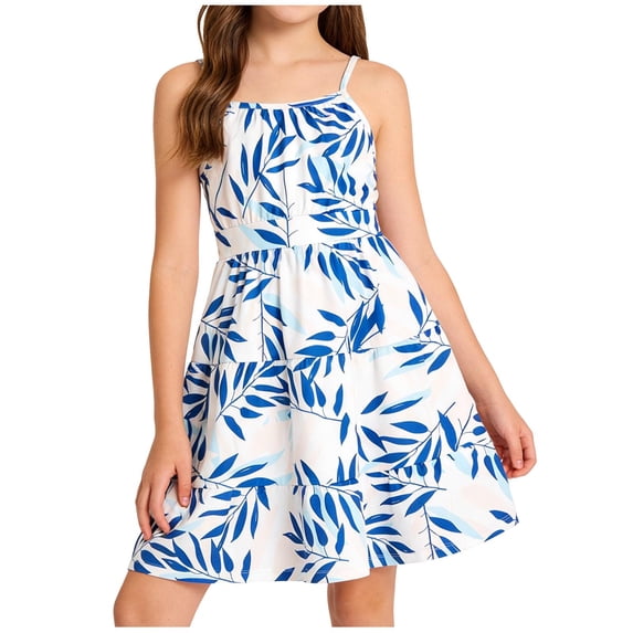 Sleeveless Summer Dresses Girls Spaghetti Strap Floral Vacation Tiered Dresses Casual Going Out Beach Outfits White, 8 Years