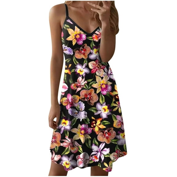 Sleeveless Summer Mini Dresses Womens Floral Print Casual Beach Spaghetti Strap V Neck Sundress Loose Fit (XL, Black)