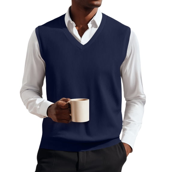 Sleeveless Sweater Men V-Neck Knit Sweater Vest Casual Solid Color Pullover Classic Waistcoat For Business Casual And Daily Layering 3XL Navy