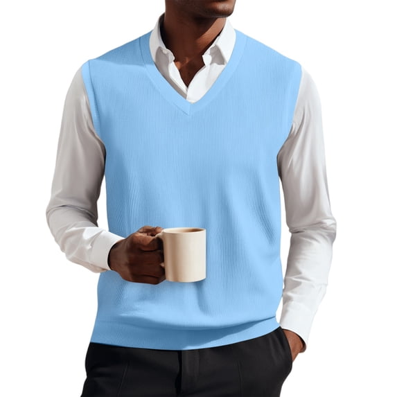 Sleeveless Sweater Men V-Neck Knit Sweater Vest Casual Solid Color Pullover Classic Waistcoat For Business Casual And Daily Layering 3XL Sky Blue