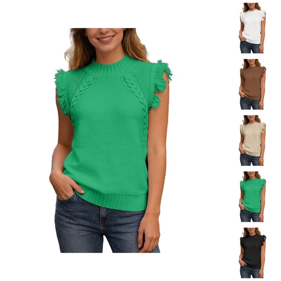 Sleeveless Sweater for Women Spring Summer Trendy Casual Neck Cable Knit Fringe Cap Boho Tank Tops