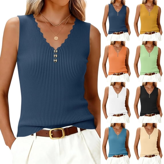 Sleeveless T-Shirt For Women's Summer Loose Sleeveless Button V-Neck Shirt Knitted Tank Tops Blue L