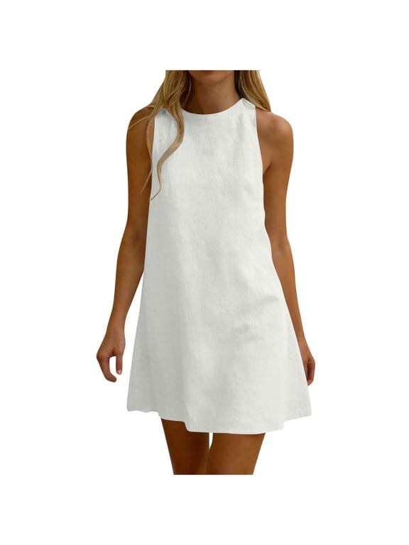 Sleeveless Tank Dresses for Womens Back Keyhole Linen Solid Casual Mini Dresses A-Line Summer Beach Hawaiian Shift Sundresses