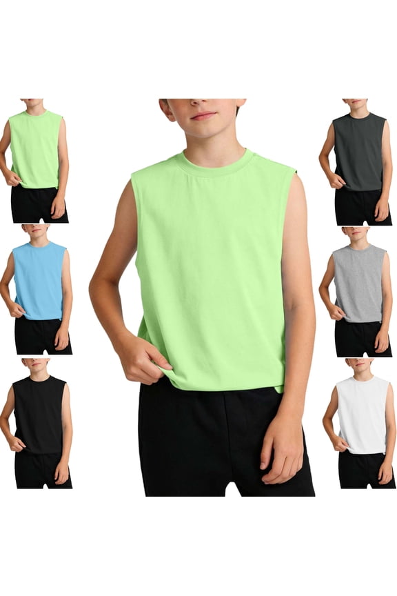 Sleeveless Tank Top for Boys Toddler Muscle Tee Crew Neck Cotton Blend Undershirt Lightweight Summer Vest Active Sports Outdoor Playwear Shirt for Teen
