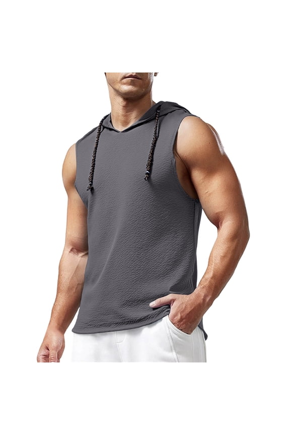 Sleeveless Tank Top for Men Drawstring Solid Color Training Sports Athletic Hoodie Pullover Fathers Gift