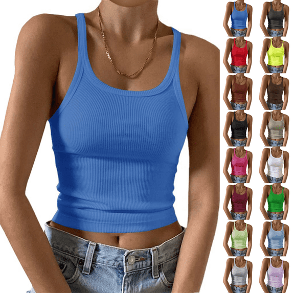 Sleeveless Tank Top for Women Spaghetti Strap Form Slim Fitting Scoop Neck Ribbed Knit Basic Cami Shirts Blue S