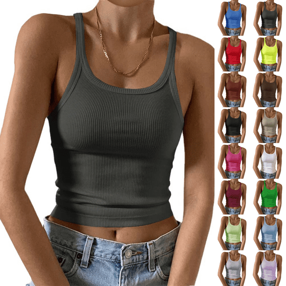 Sleeveless Tank Top for Women Spaghetti Strap Form Slim Fitting Scoop Neck Ribbed Knit Basic Cami Shirts Dark Gray L