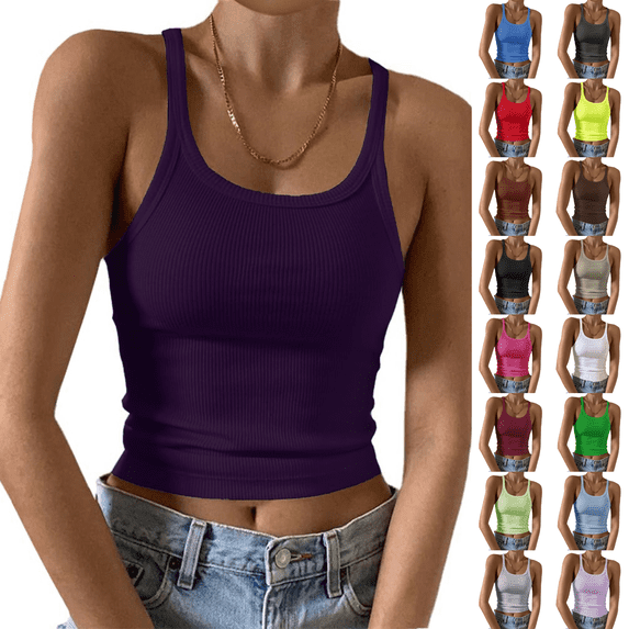 Sleeveless Tank Top for Women Spaghetti Strap Form Slim Fitting Scoop Neck Ribbed Knit Basic Cami Shirts Purple XL