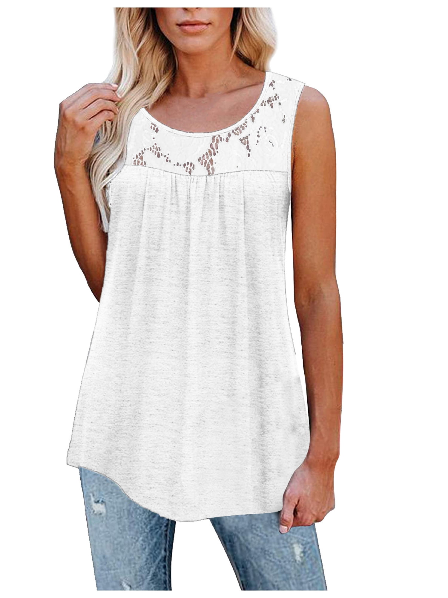 Sleeveless Tank Tops Womens Crewneck Lace Tunic Tops Embroidery Flowy  Blouses Shirts Plus Size 