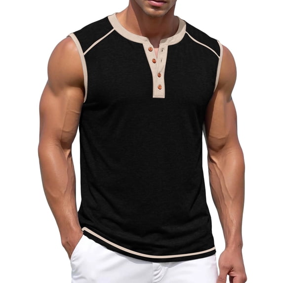 Sleeveless Tank Tops for Men Summer Button Down Muscle Shirts Color Block Casual Top for Workout,Black,2XL