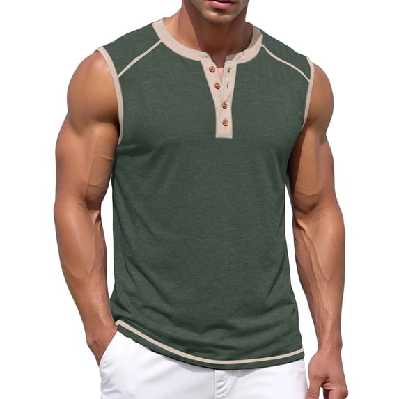 Sleeveless Tank Tops for Men Summer Button Down Muscle Shirts Color Block Casual Top for Workout,Green,M
