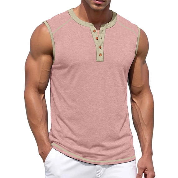 Sleeveless Tank Tops for Men Summer Button Down Muscle Shirts Color Block Casual Top for Workout,Watermelon Red,S