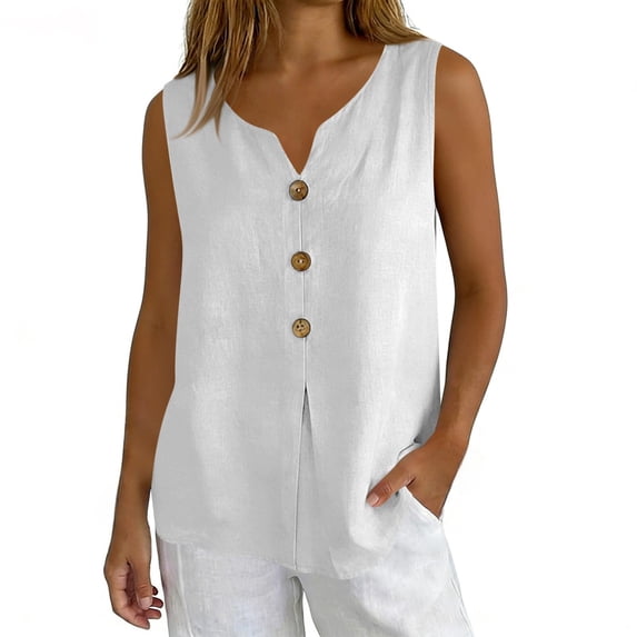 Sleeveless Tank Tops for Women Cotton Linen V Neck T Shirts Loose Fit Casual Shirt Soft Breathable for Summer Daily Outfits by Gbobgt White L