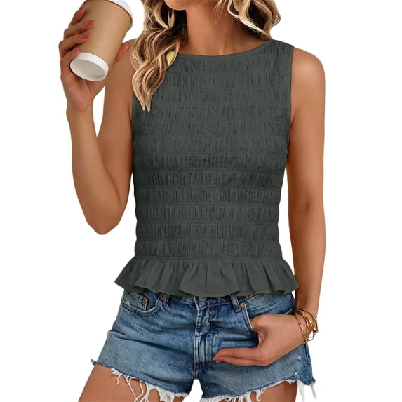 Sleeveless Tank Tops for Women Crew Neck Gingham Smocked Blouses Ruffle Hem Casual Summer Shirts, L