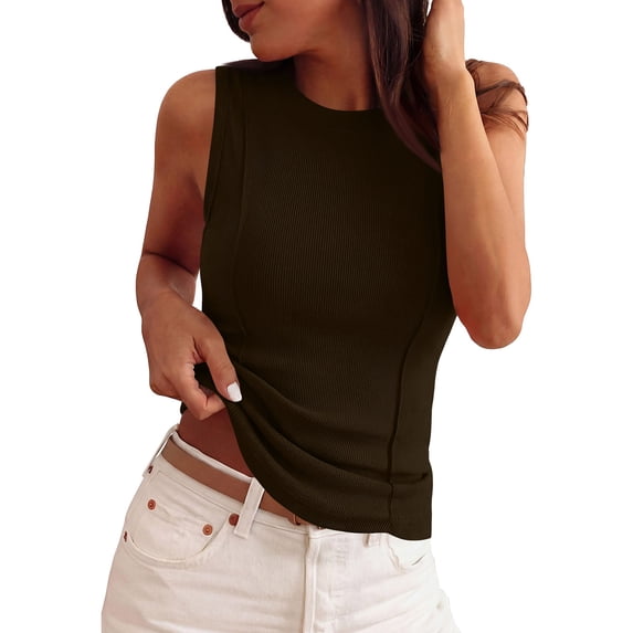 Sleeveless Tank Tops for Women Round Neck Ribbed Knit T Shirts Y2k Summer Fitted Going Out Shirts, S
