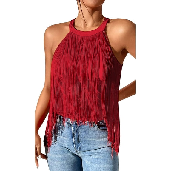 Sleeveless Tassel Halter Tops for Women Fringe Asymmetrical Hem Sleeveless Tank Top Shirts Lightweight Flowy Cowgirl Vest Top Partywear Blouse