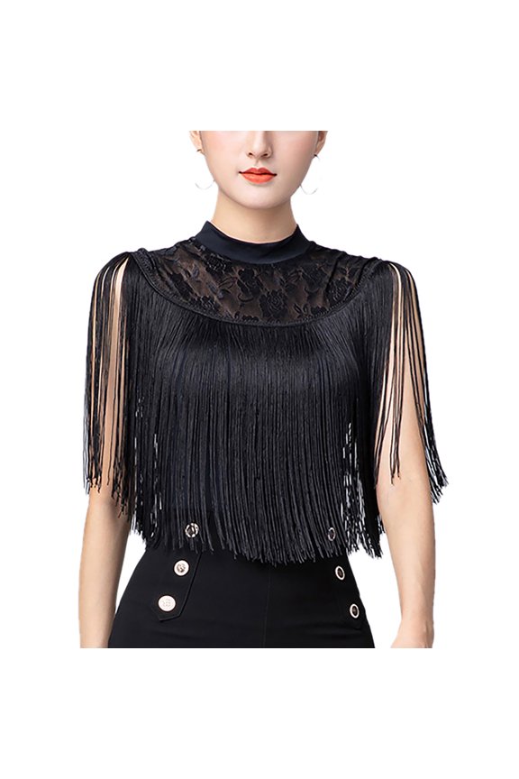 Sleeveless Tassel Lace Waltz Quickstep Foxtrot Dance Top Body Blouse Bodysuit Transparent Snap Crotch