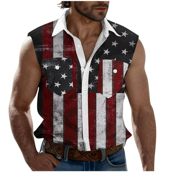 Sleeveless Tee Shirts for Men 4th of July V-Neck Collared Tops Red Blue Stars Printed American Patriot Top Button Down Tshirts Men Outdoor Travel Hiking Shirt Memorial Day Clothes