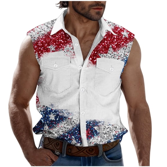 Sleeveless Tee Shirts for Men 4th of July V-Neck Collared Tops Red Blue Stars Printed American Patriot Top Button Down Tshirts Men Outdoor Travel Hiking Shirt Memorial Day Clothes