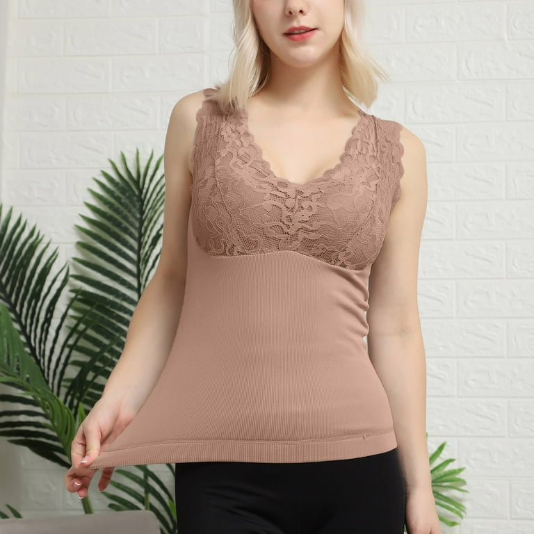 Sleeveless Thermal Shirts For Women With Built In Bra V Neck Lined  Underwear Thermal Tank Tops Vest Thermal Underwear Top Khaki One Size 