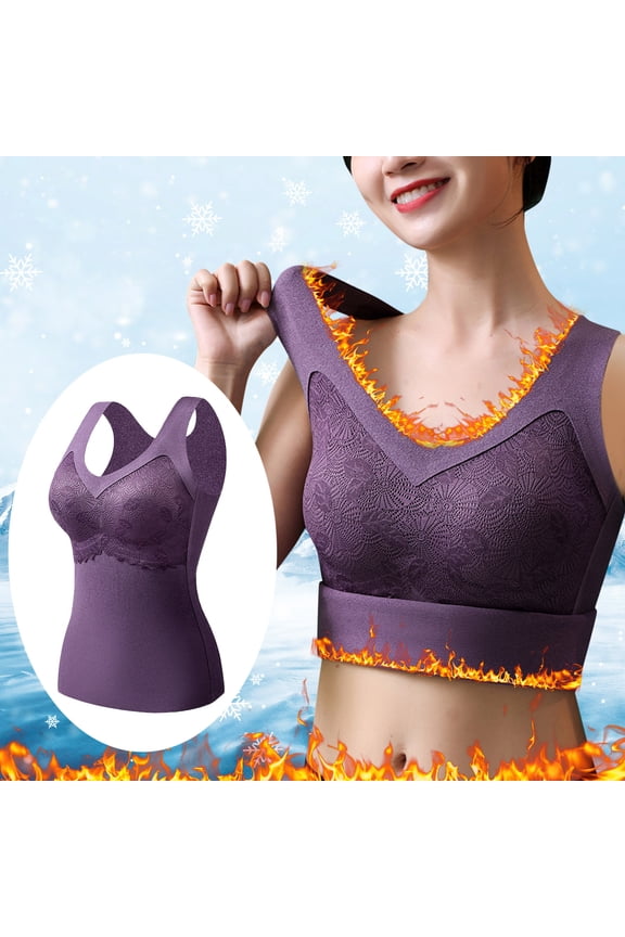 Sleeveless Thermal Shirts V Neck Vest With Built In Bra Lined Underwear Thermal Tank Top With Spongy Pad Winter Tops For Womens Woman Thermal Undershirt Womens Ski Shirts Long Sleeve Thermal Women
