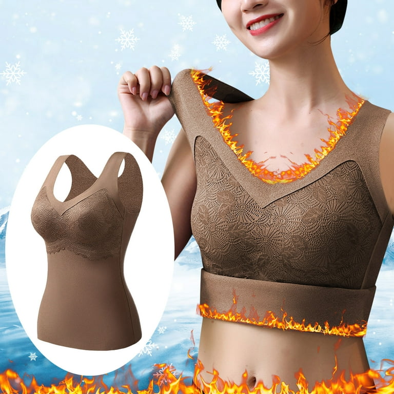 Sleeveless Thermal Shirts V Neck Vest With Built In Bra Lined Underwear  Thermal Tank Top With Spongy Pad Winter Tops For Womens Thermal Underwear  Top Coffee XXL 