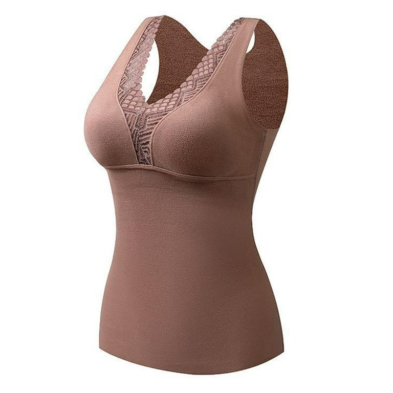 Sleeveless Thermal Shirts for Women V Neck Vest with Built in Bra Underwear  Thermal Tank Top - Khaki 
