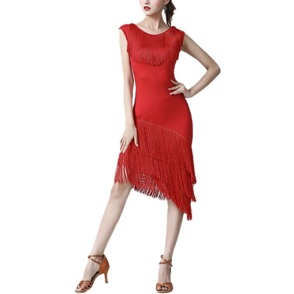 Sleeveless Tiered Fringe Asymmetry Latin Salsa Party Dress Dance Performance Clothes