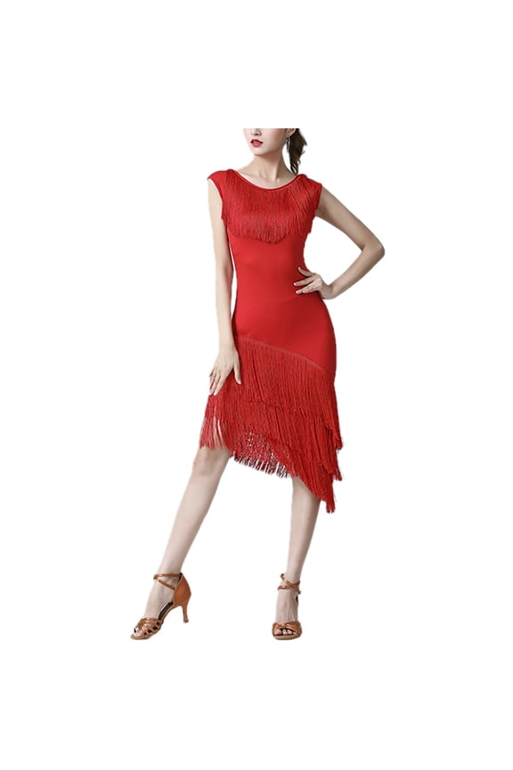 Sleeveless Tiered Fringe Asymmetry Latin Salsa Party Dress Dance Performance Clothes
