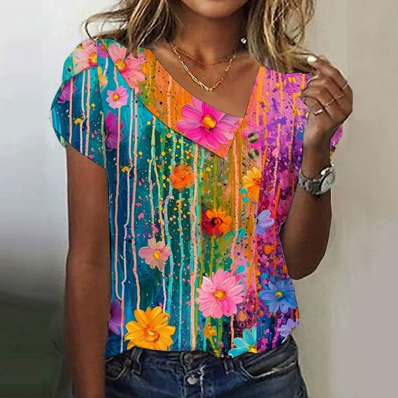 Sleeveless Tops For Women Dressy Women Blouses and Tops Fashion for Party Short Sleeve Button Up Shirts for Women Print