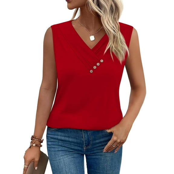 Sleeveless Tops For Women Sevevn Fashion Women's Summer Button Down V Neck T-Shirts Sleeveless Loose Fashion Tops