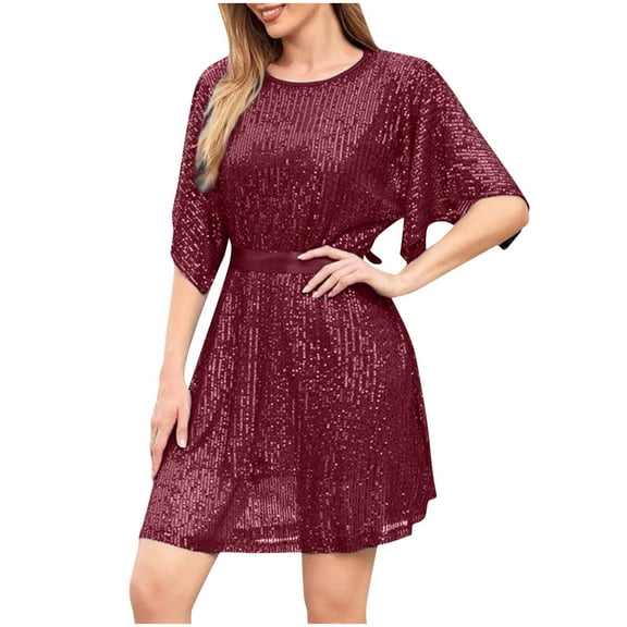 Sevevn Women's Sequin Loose Fitting Dress With Split Sleeves Casual Loose Mini Short Dress Short Sleeved Round Neck Dress